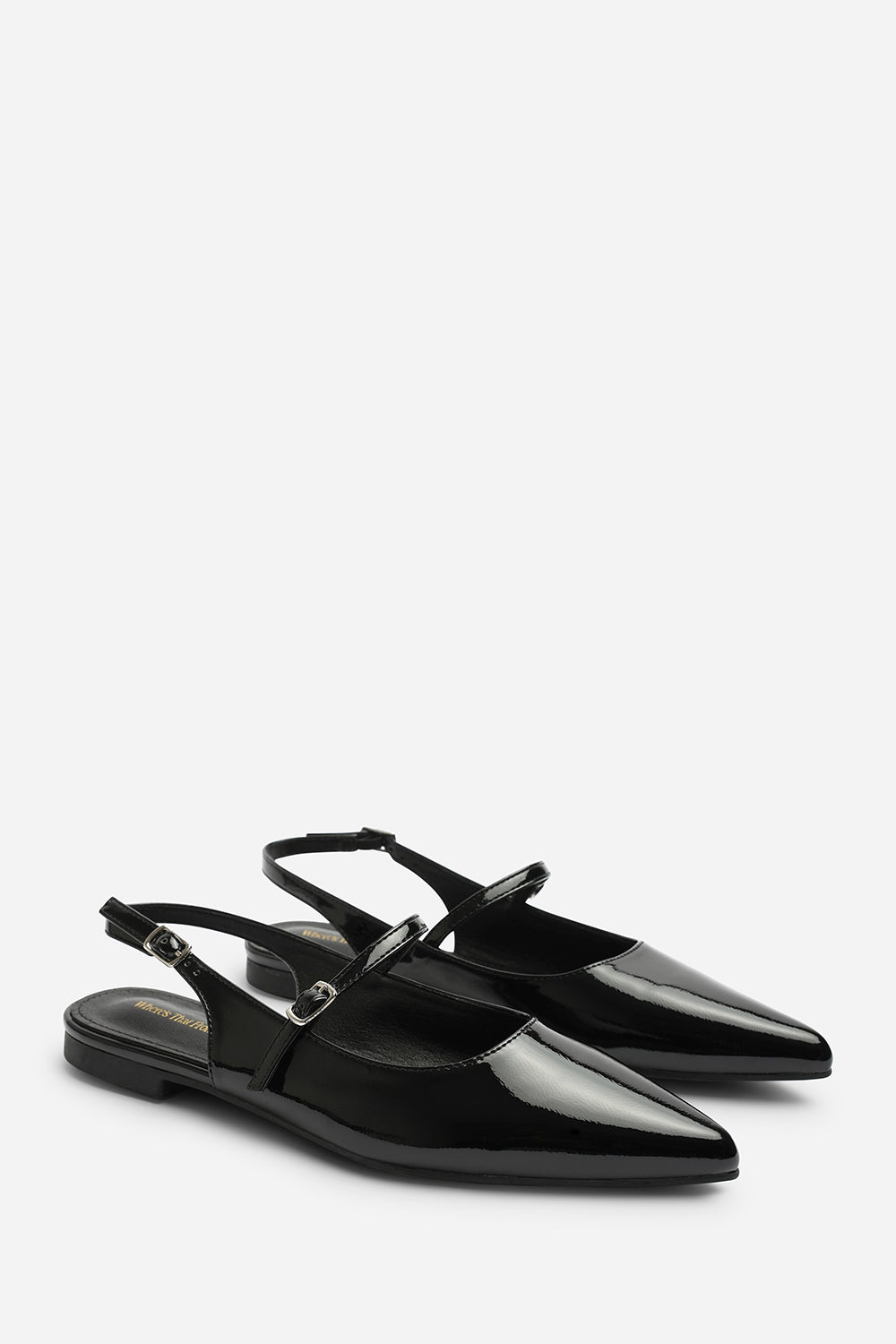 Estrella Wide Fit Pointed Toe Mary Jane Open Back Ballet Flats In Black Patent