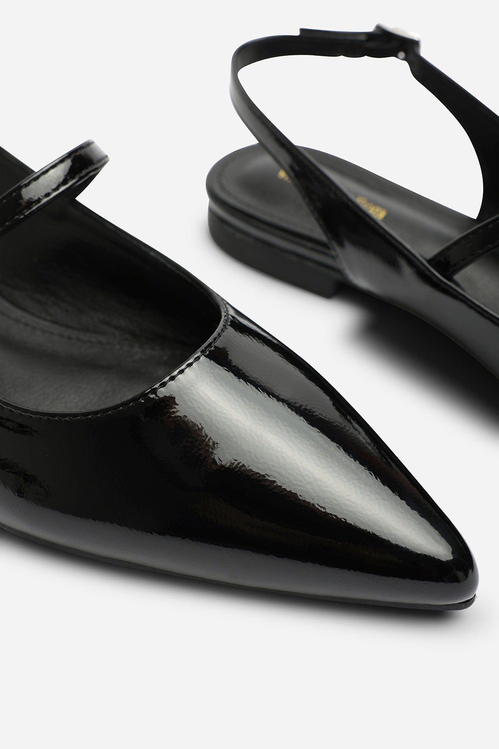Estrella Pointed Toe Mary Jane Open Back Ballet Flats In Black Patent