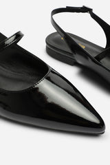 Estrella Pointed Toe Mary Jane Open Back Ballet Flats In Black Patent