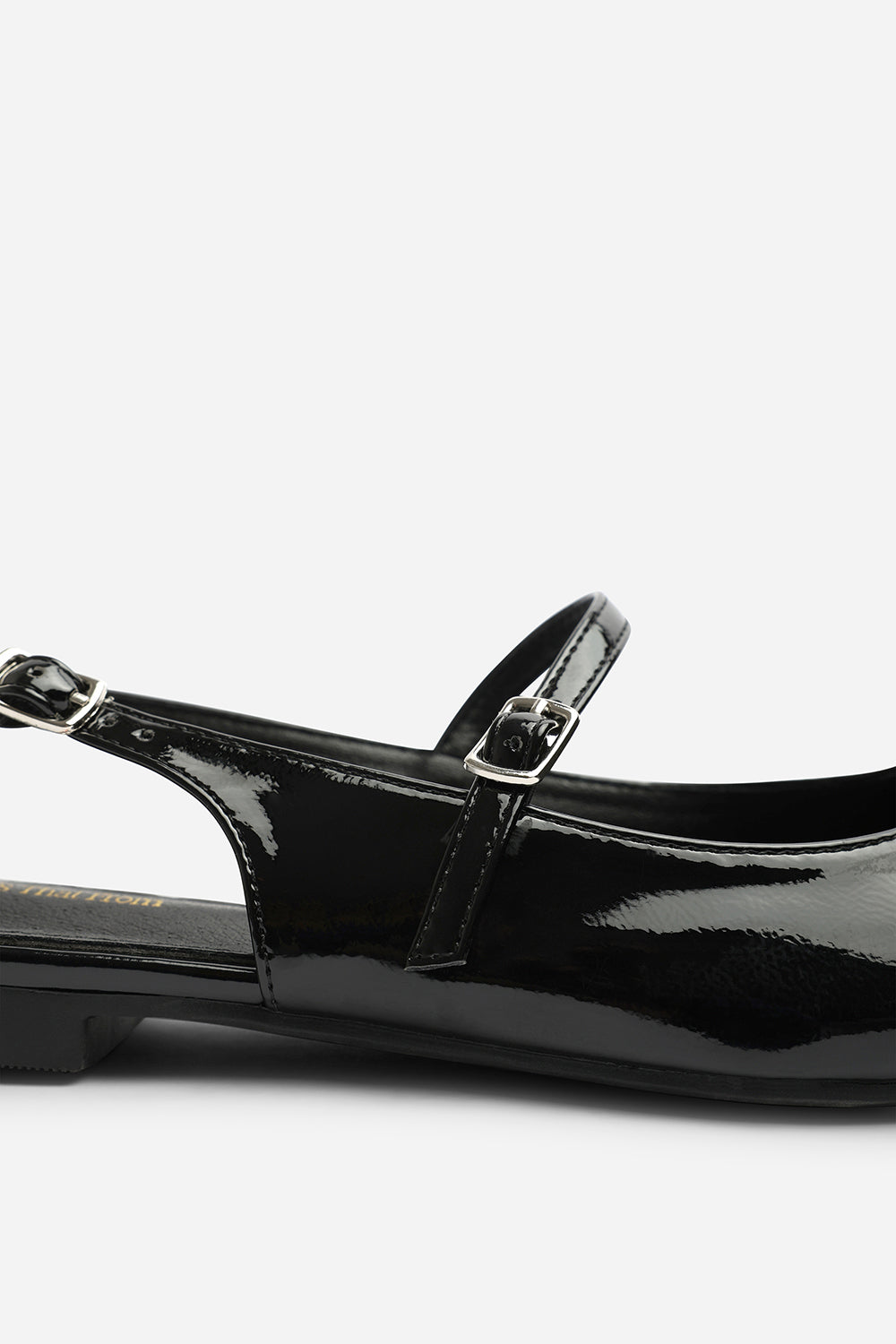 Estrella Pointed Toe Mary Jane Open Back Ballet Flats In Black Patent