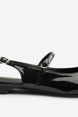 Estrella Pointed Toe Mary Jane Open Back Ballet Flats In Black Patent