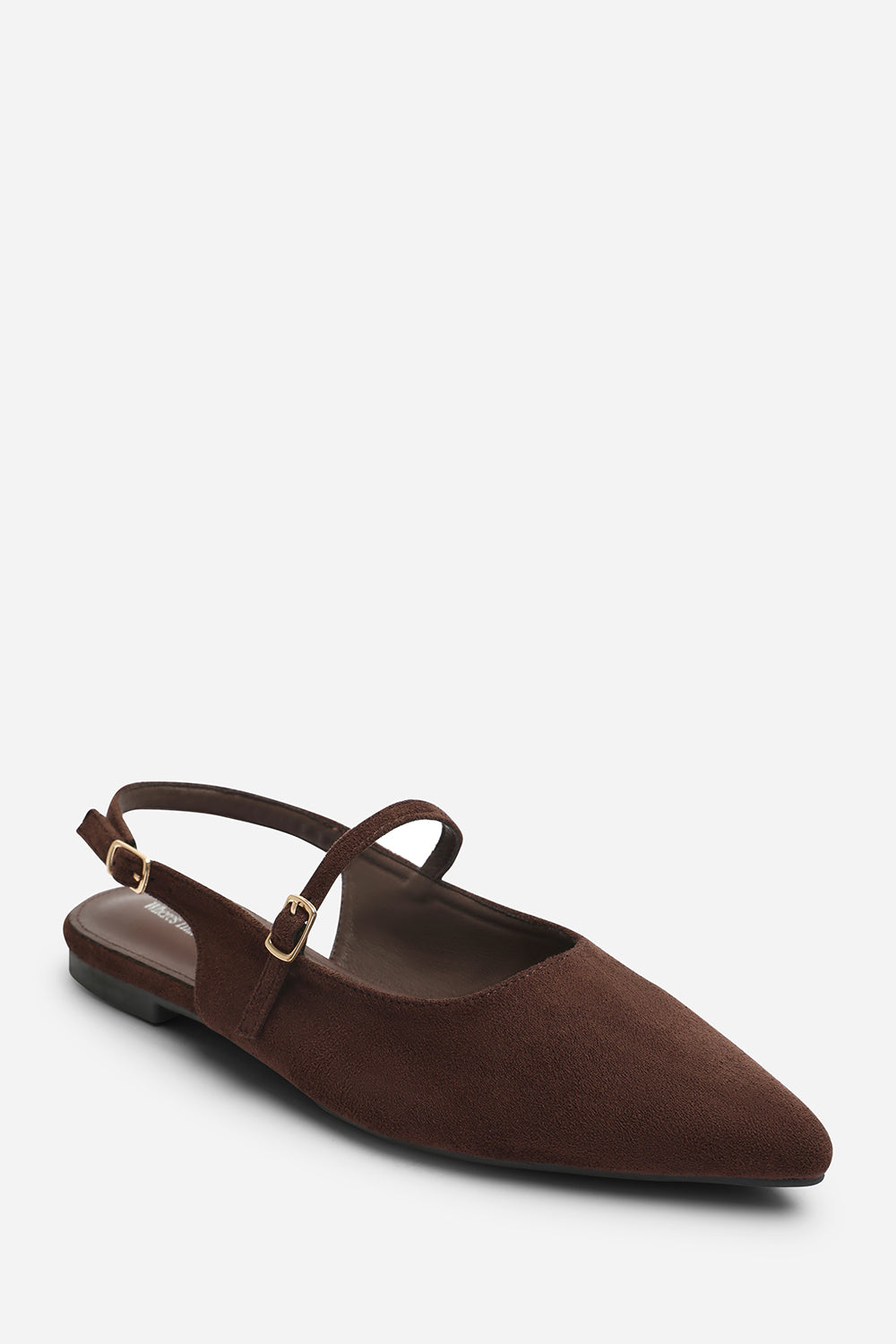 Estrella Wide Fit Pointed Toe Mary Jane Open Back Ballet Flats In Brown Suede