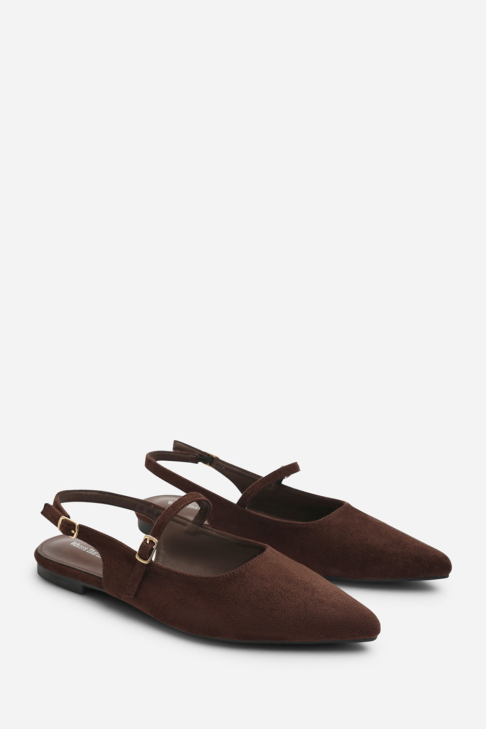 Estrella Pointed Toe Mary Jane Open Back Ballet Flats In Brown Suede
