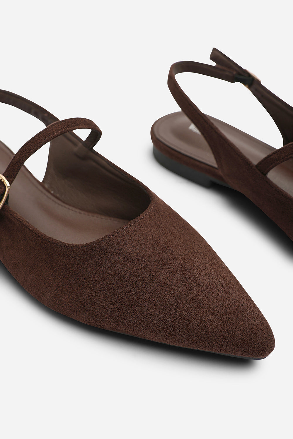 Estrella Pointed Toe Mary Jane Open Back Ballet Flats In Brown Suede