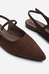 Estrella Wide Fit Pointed Toe Mary Jane Open Back Ballet Flats In Brown Suede