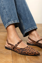 Estrella Wide Fit Pointed Toe Mary Jane Open Back Ballet Flats In Leopard Suede