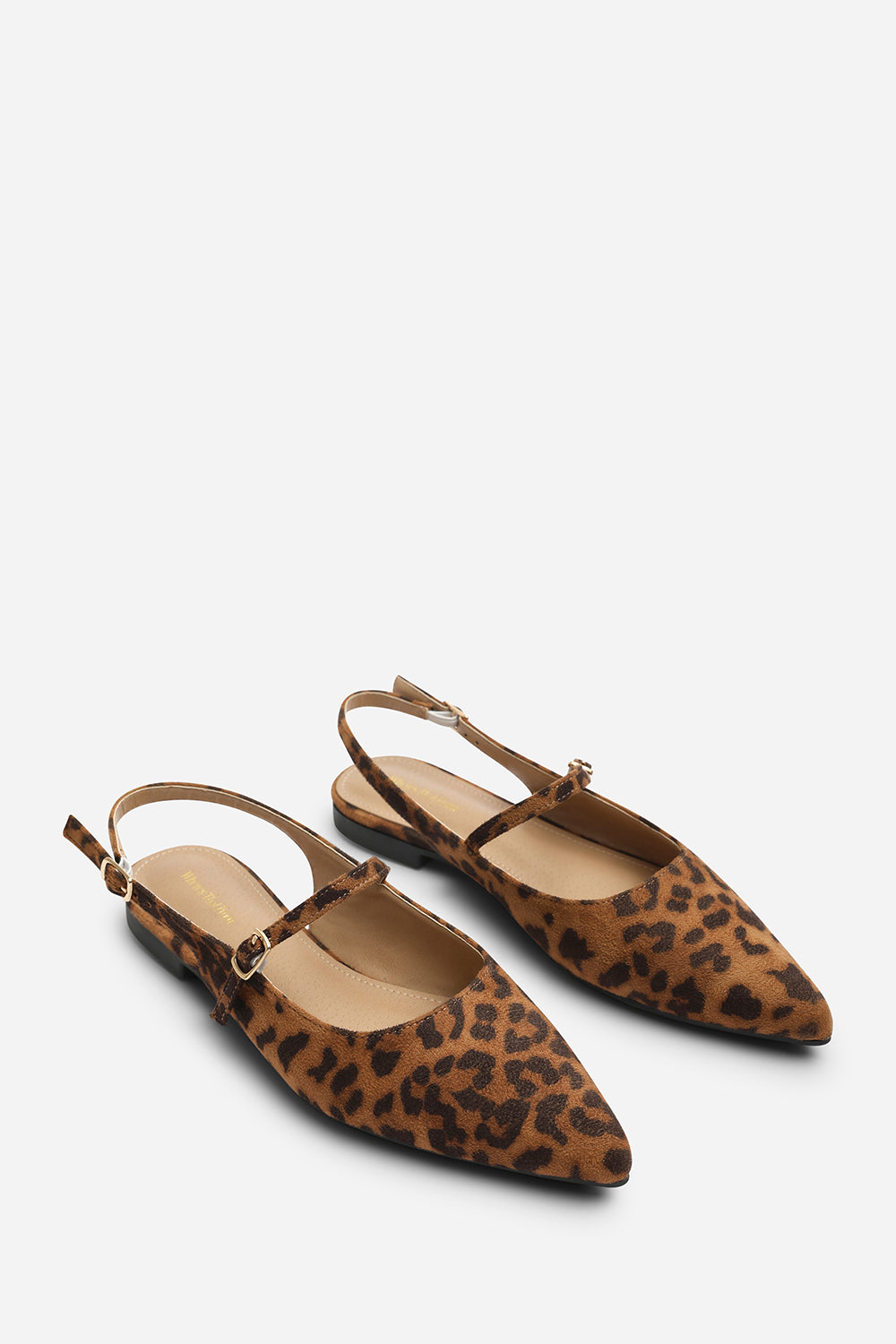 Estrella Pointed Toe Mary Jane Open Back Ballet Flats In Leopard Suede