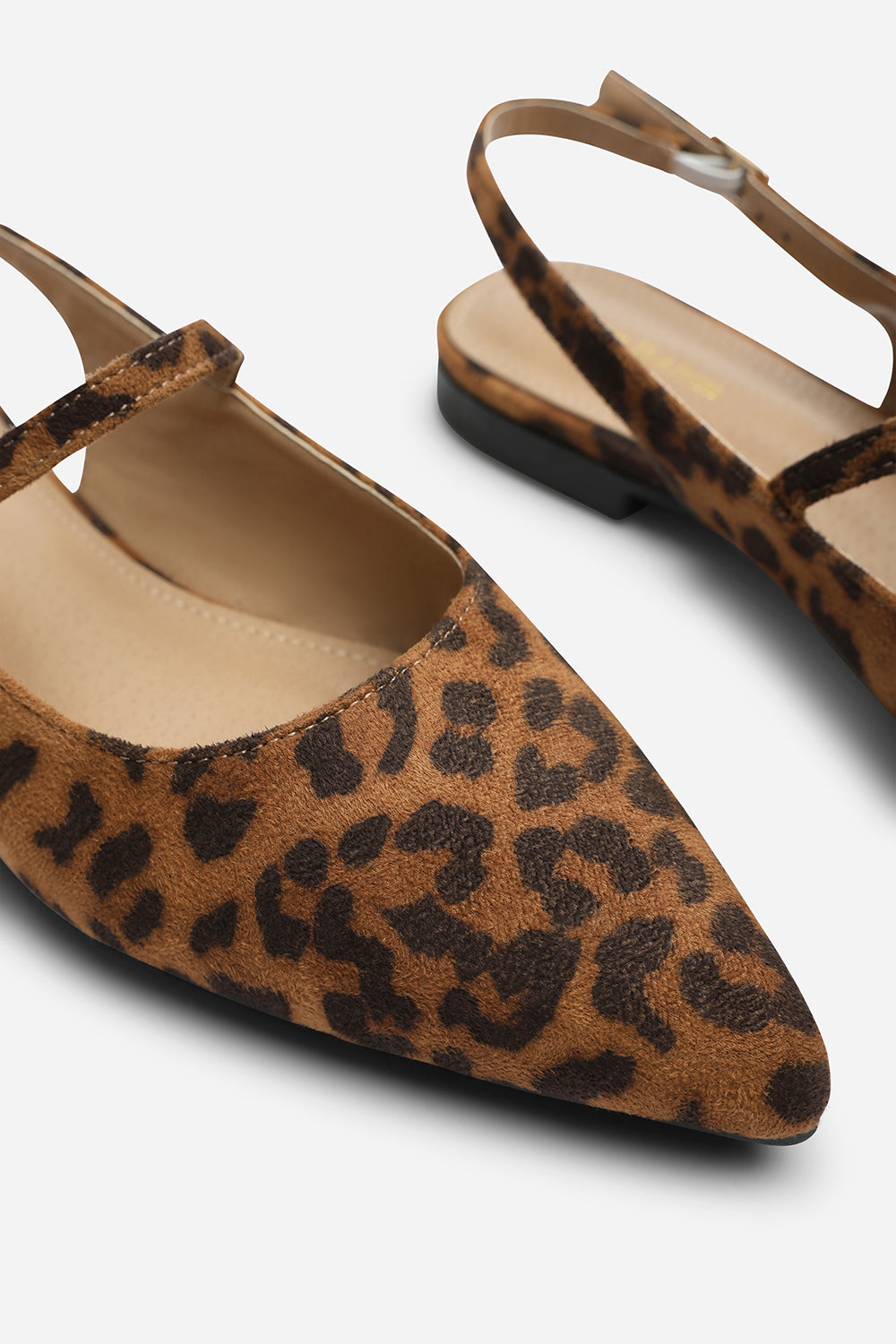 Estrella Wide Fit Pointed Toe Mary Jane Open Back Ballet Flats In Leopard Suede