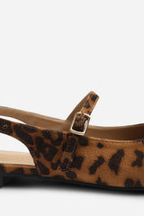 Estrella Pointed Toe Mary Jane Open Back Ballet Flats In Leopard Suede