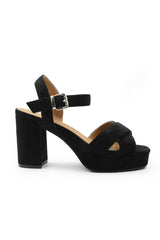 MARCIA EXTRA WIDE FIT STATEMENT PLATFORM STRAPPY BLOCK HIGH HEELS IN BLACK SUEDE