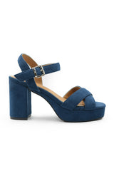 MARCIA WIDE FIT STATEMENT PLATFORM STRAPPY BLOCK HIGH HEELS SHOES IN NAVY SUEDE