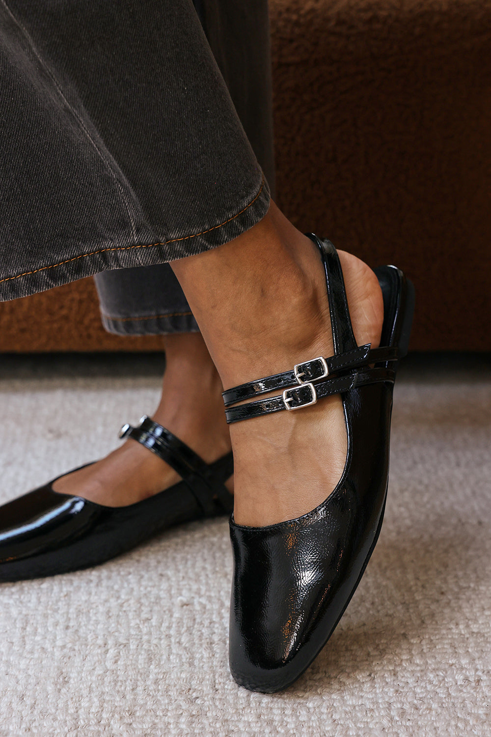 Pelyx Black Dual Strap Square Toe Mary Jane Flats