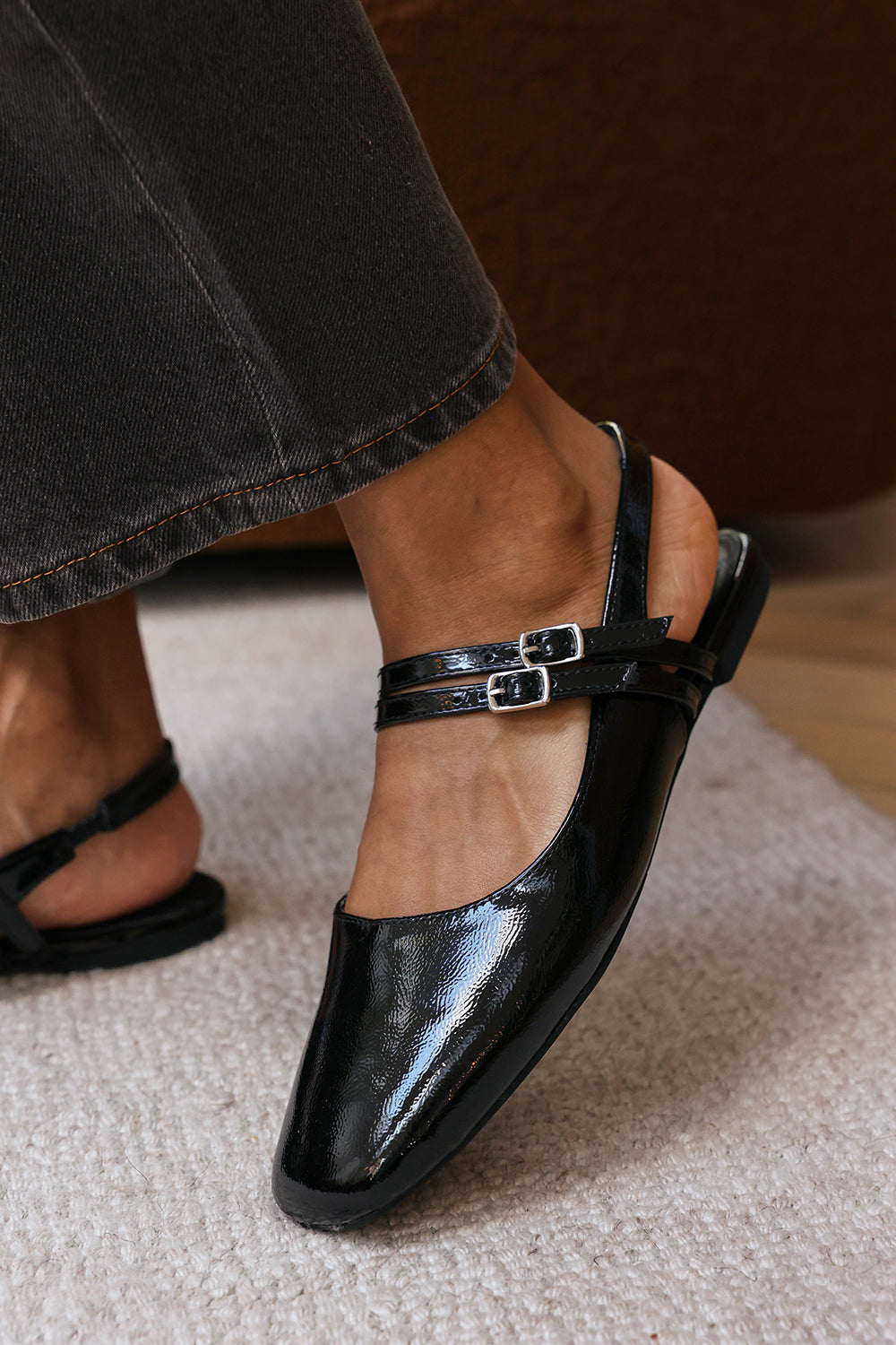 Pelyx Black Dual Strap Square Toe Mary Jane Flats