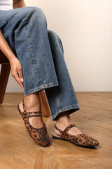Alena Wide Fit Double Strap Backless Mary Jane Flats in Leopard Suede