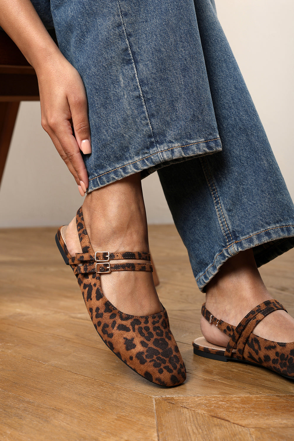 Alena Double Strap Backless Mary Jane Flats in Leopard Suede