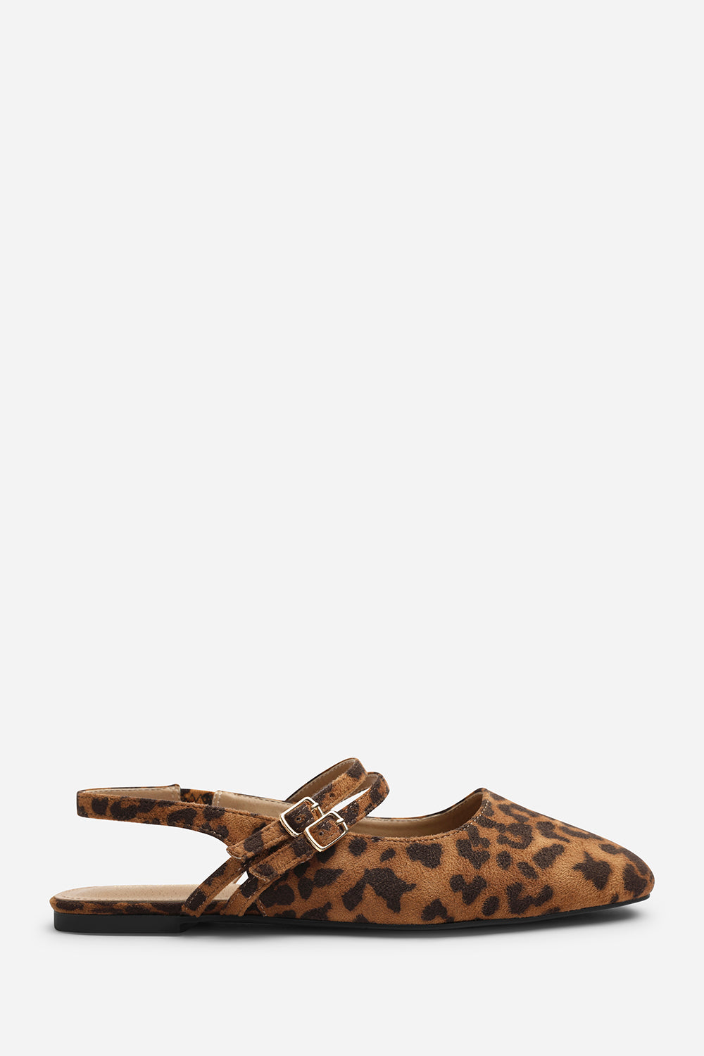 Alena Wide Fit Double Strap Backless Mary Jane Flats in Leopard Suede