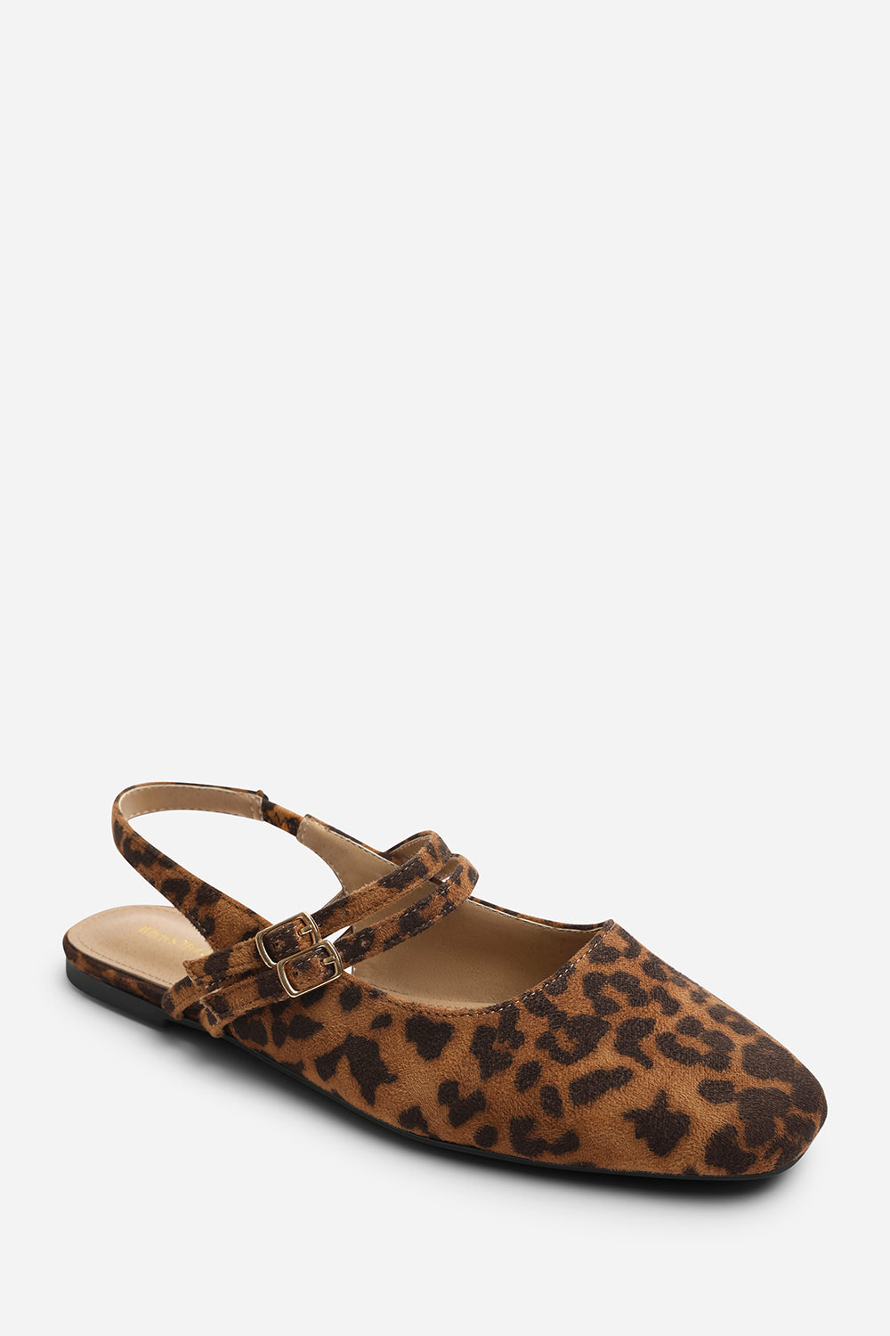 Alena Wide Fit Double Strap Backless Mary Jane Flats in Leopard Suede