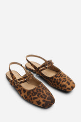 Alena Wide Fit Double Strap Backless Mary Jane Flats in Leopard Suede