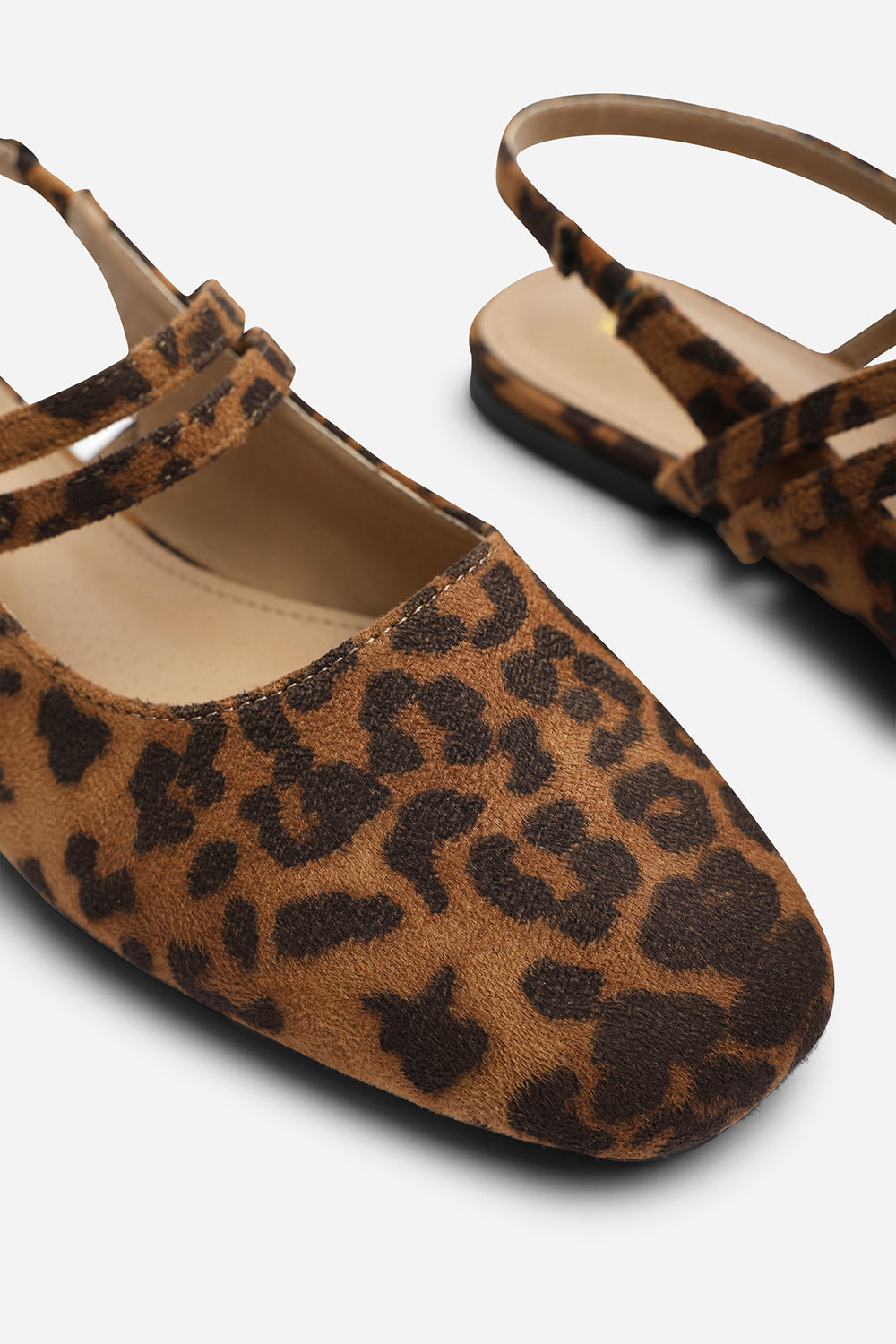 Alena Wide Fit Double Strap Backless Mary Jane Flats in Leopard Suede