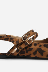 Alena Wide Fit Double Strap Backless Mary Jane Flats in Leopard Suede