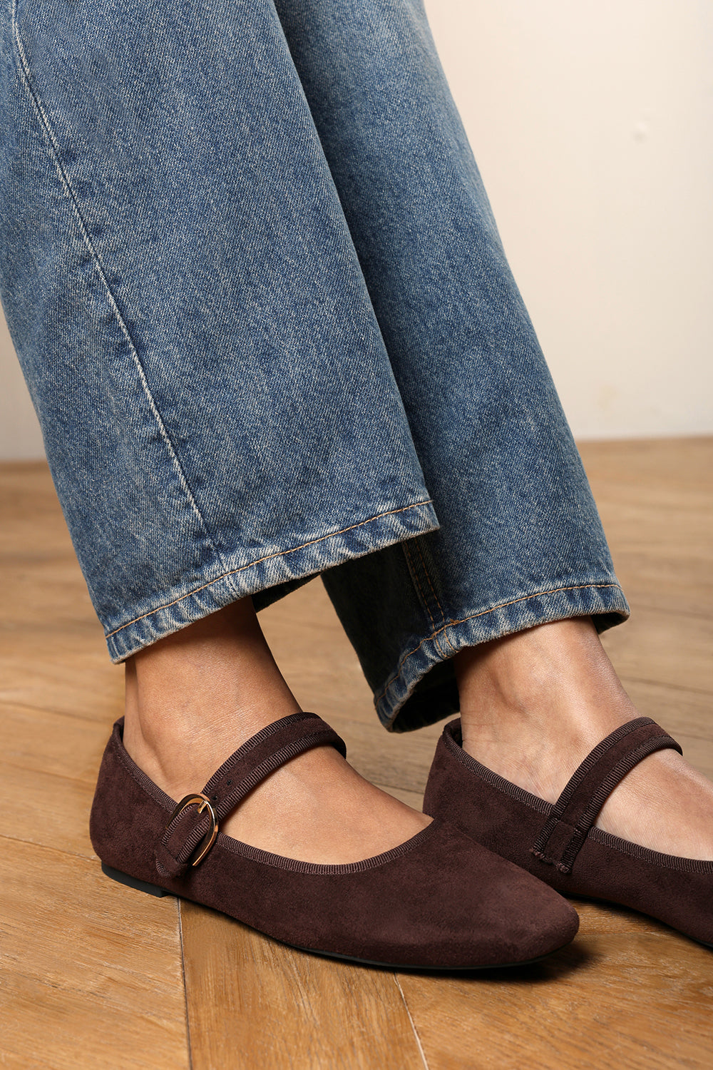 Karsyn Wide Fit Mary Jane Ballet Flats With Buckle Detail In Brown Suede