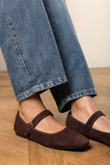 Karsyn Mary Jane Ballet Flats With Buckle Detail in Brown Suede