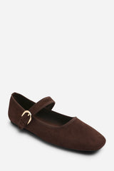Karsyn Mary Jane Ballet Flats With Buckle Detail in Brown Suede