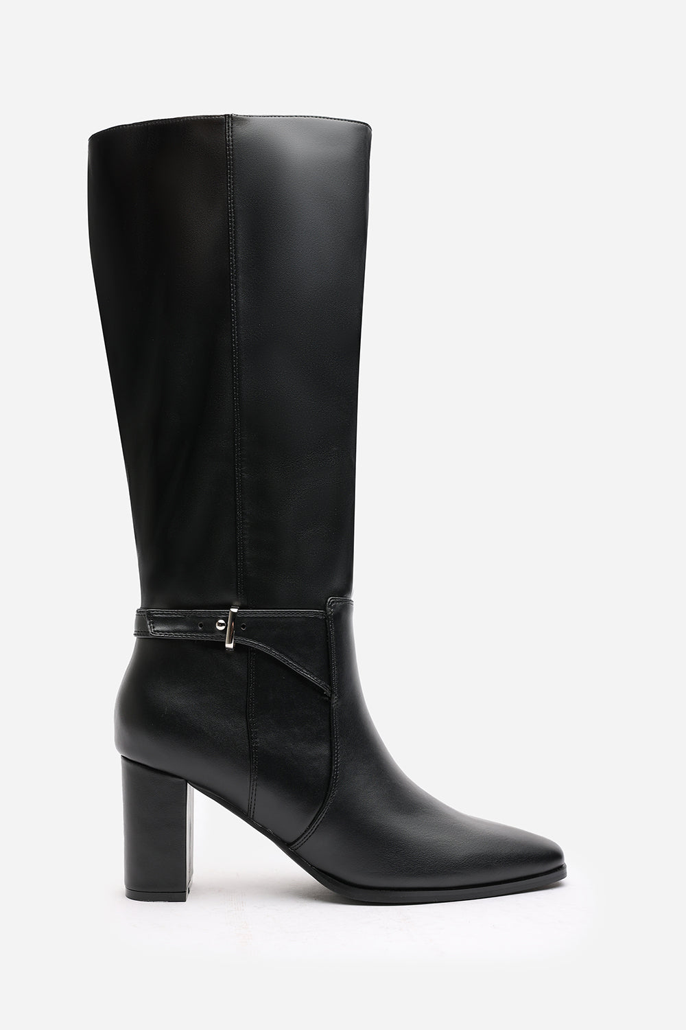 Vayda Black Heeled Knee High Boots With Buckle Strap Detail