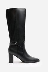 Vayda Black Heeled Knee High Boots With Buckle Strap Detail