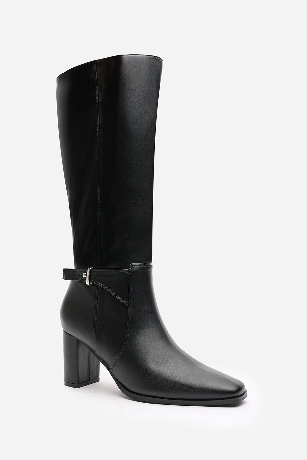 Vayda Black Heeled Knee High Boots With Buckle Strap Detail