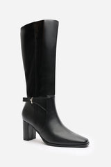 Vayda Black Heeled Knee High Boots With Buckle Strap Detail