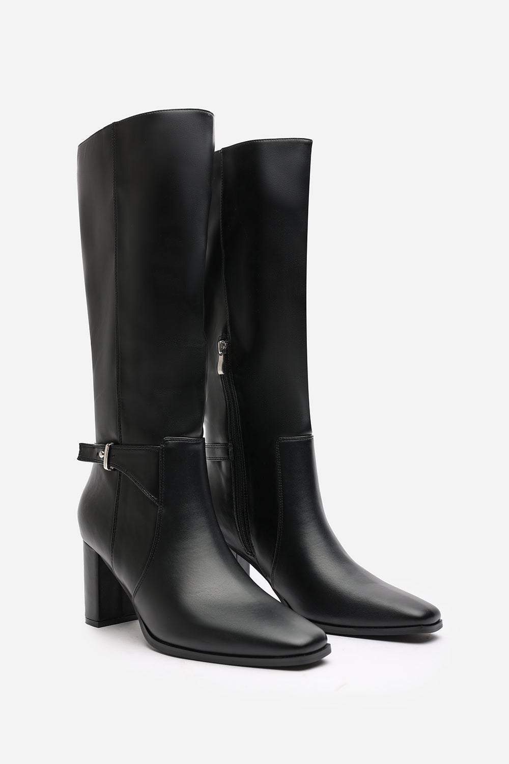 Vayda Black Heeled Knee High Boots With Buckle Strap Detail