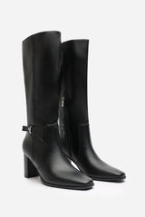 Vayda Black Heeled Knee High Boots With Buckle Strap Detail