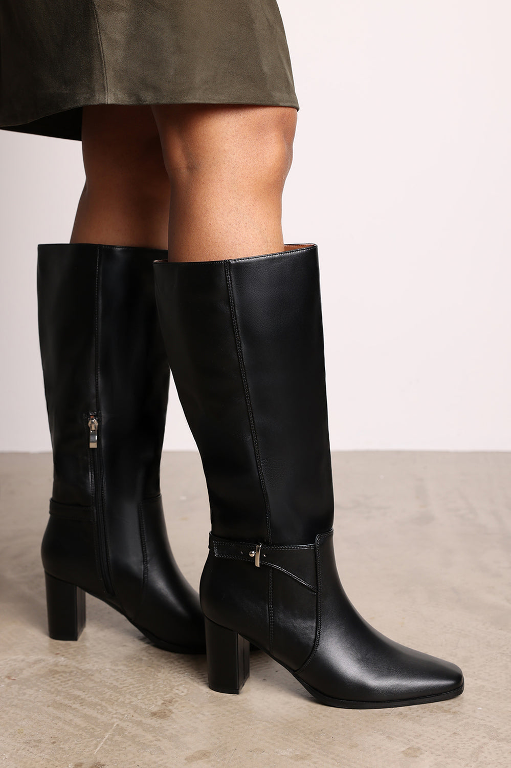 Vayda Black Heeled Knee High Boots With Buckle Strap Detail