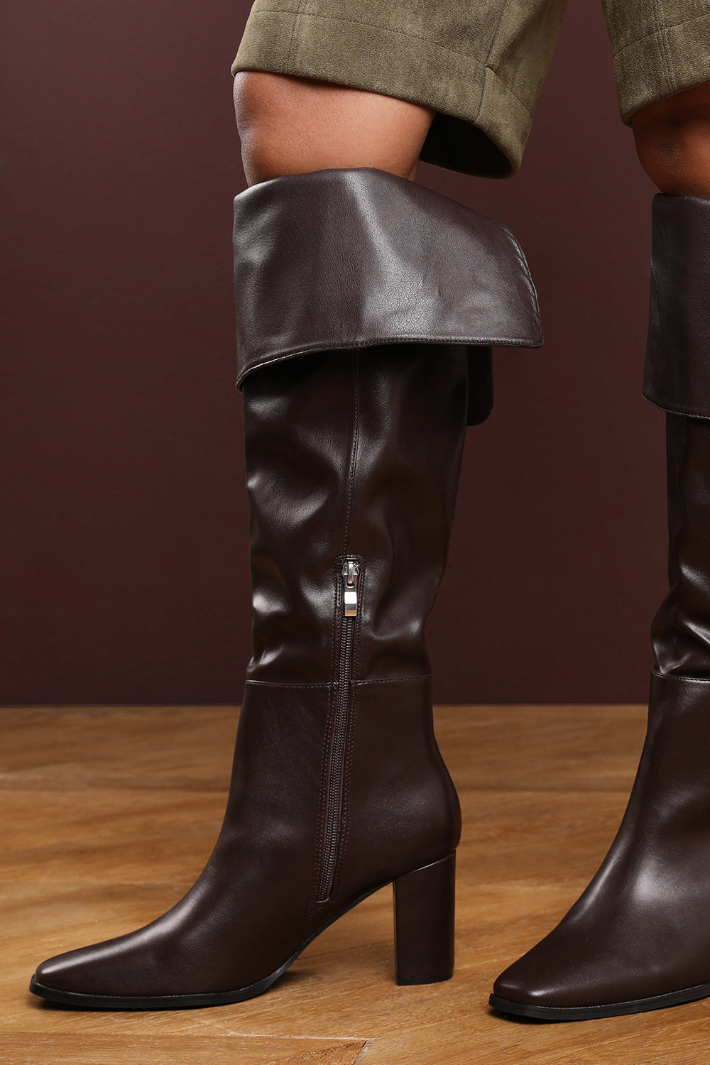 Jolisa Over the Knee Heeled Boots In Dark Brown Faux Leather