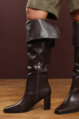 Jolisa Over the Knee Heeled Boots In Dark Brown Faux Leather