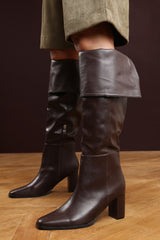 Jolisa Over the Knee Heeled Boots In Dark Brown Faux Leather