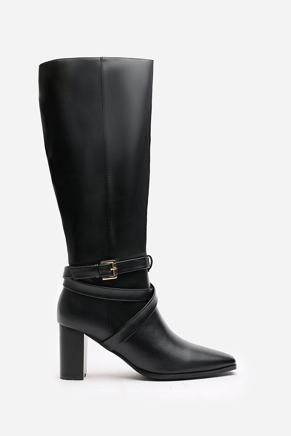Isadora Black Faux Leather Buckle Strap Knee High Boots with Block Heel and Pointed Toe