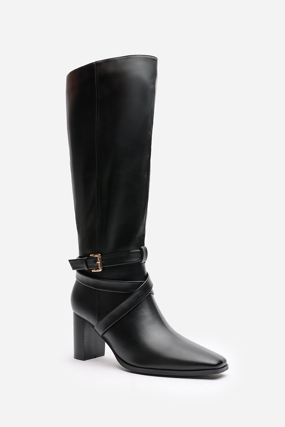 Isadora Black Faux Leather Buckle Strap Knee High Boots with Block Heel and Pointed Toe