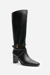 Isadora Black Faux Leather Buckle Strap Knee High Boots with Block Heel and Pointed Toe
