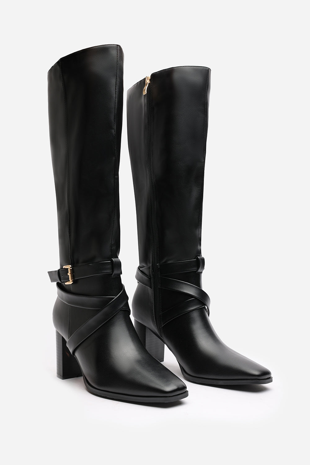 Isadora Black Faux Leather Buckle Strap Knee High Boots with Block Heel and Pointed Toe