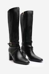 Isadora Black Faux Leather Buckle Strap Knee High Boots with Block Heel and Pointed Toe