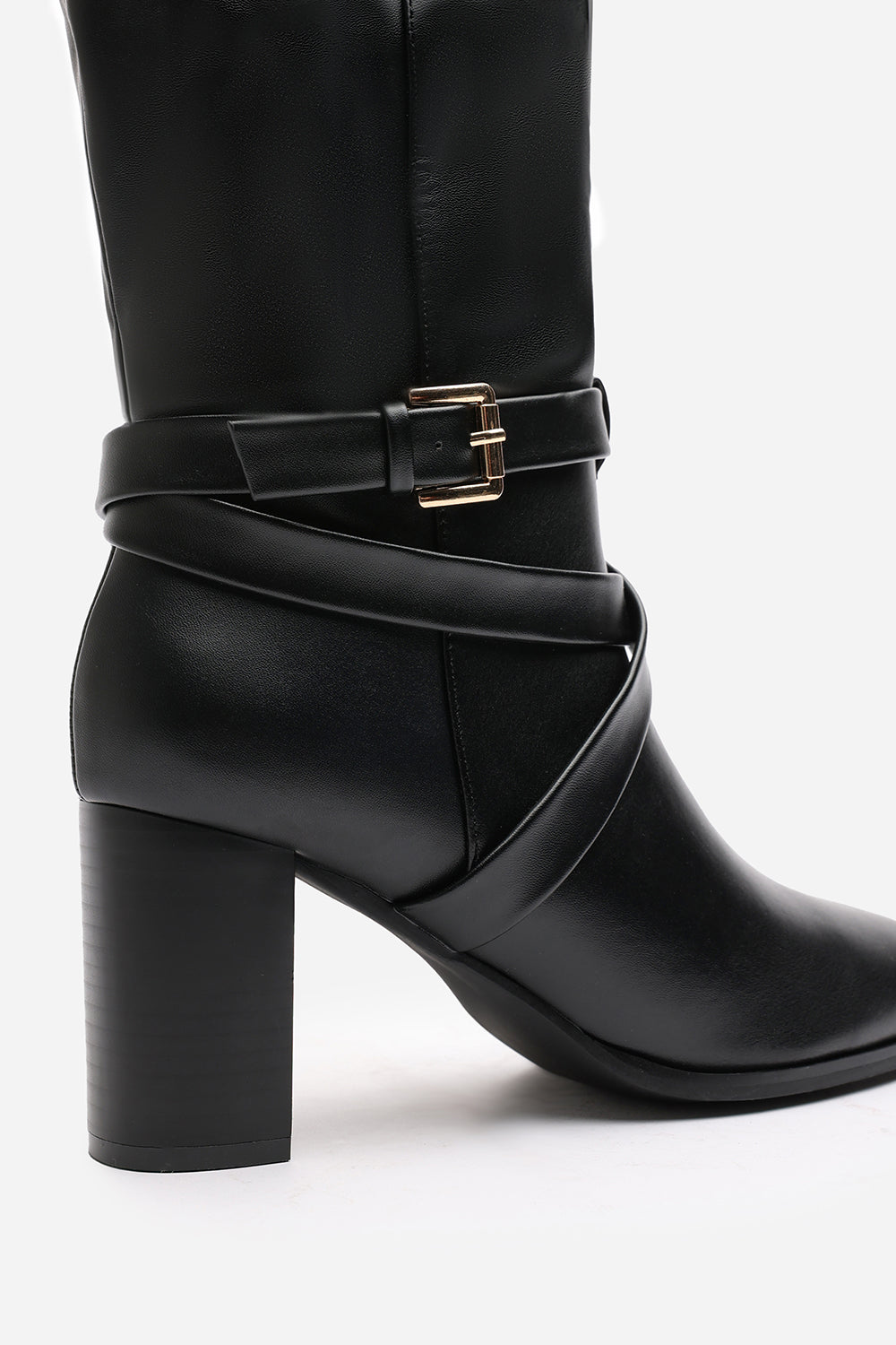 Isadora Black Faux Leather Buckle Strap Knee High Boots with Block Heel and Pointed Toe