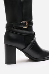 Isadora Black Faux Leather Buckle Strap Knee High Boots with Block Heel and Pointed Toe