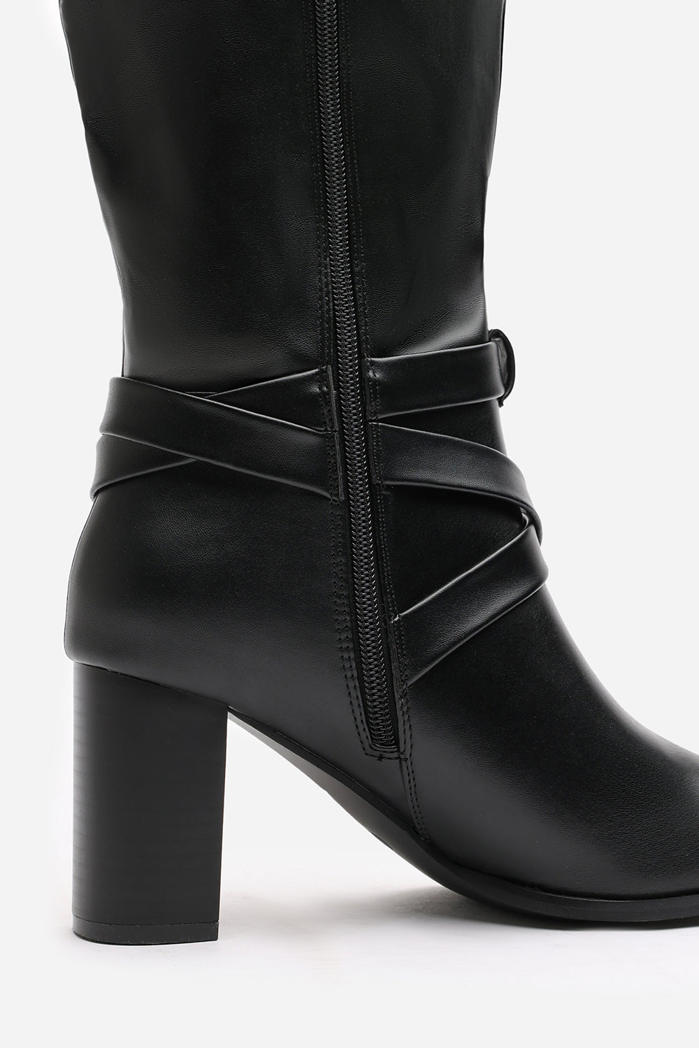 Isadora Black Faux Leather Buckle Strap Knee High Boots with Block Heel and Pointed Toe