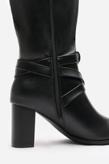 Isadora Black Faux Leather Buckle Strap Knee High Boots with Block Heel and Pointed Toe