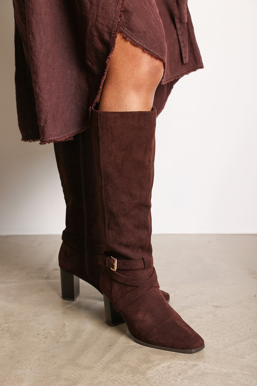 Isadora Dark Brown Suede Buckle Strap Knee High Boots with Block Heel and Pointed Toe