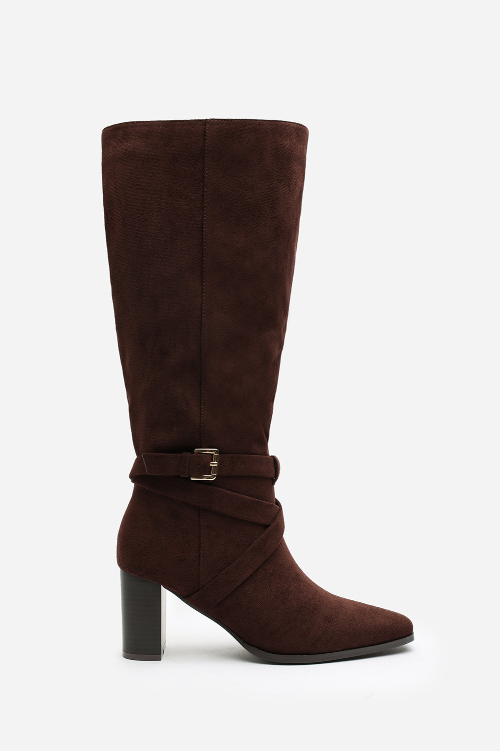 Isadora Dark Brown Suede Buckle Strap Knee High Boots with Block Heel and Pointed Toe