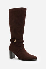 Isadora Dark Brown Suede Buckle Strap Knee High Boots with Block Heel and Pointed Toe