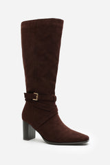 Yvette Knee High Boots With Wrap Buckle Strap in Dark Brown Faux Suede